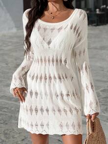 Đầm dệt kim dài tay kiểu dáng bohemian tối giản, gợi cảm, khoét lỗ, xuyên thấu, mềm mại, dáng dài đến đầu gối, màu trắng, thích hợp cho nữ mùa xuân/hè, đi dự lễ hội âm nhạc, nghỉ mát biển. - trắng - Xem 4