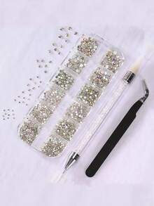 2000pcs 3D Clear Crystal Rhinestones, Flat Shiny AB Nail Gems With Tweezers, Dotting Pen And 12-Slot 6 Sizes 3D Round Crystals, Suitable For Nail Art, Face Makeup, DIY Crafts - Multicolor - View 3