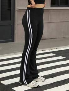 Speed mate 女士侧条纹修身阔腿裤，瑜伽健身喇叭裤 - 黑色 - 查看 3