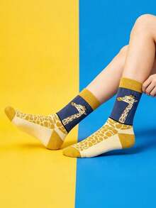 1 Pair Women's Summer Long Giraffe Print Crew Socks, Cute Animal Pattern Socks, Comfortable Soft Casual Socks - Multicolor - View 3
