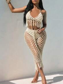Swimwear Women's Crochet 2-Piece Beach Cover Up Set | Halter Fringe Crop Top & Net Midi Skirt Design, Ideal For Beach, Vacation, Pool Party & Summer Outings - 白色 - 查看 1