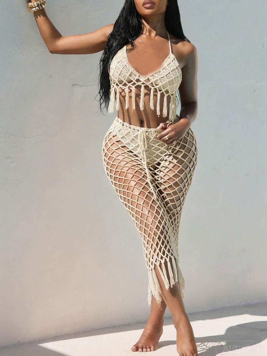 Swimwear Women's Crochet 2-Piece Beach Cover Up Set | Halter Fringe Crop Top & Net Midi Skirt Design, Ideal For Beach, Vacation, Pool Party & Summer Outings - 白色 - 查看 1
