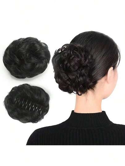 1pc Messy Hair Bun Clip Claw Jaw Wave Curly Hair Updo Clamp Ponytail Hairpin Synthetic Hair Hairpiece Suitable For Women - Natural Black