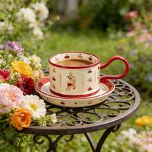 Mushroom & Cherry Countryside Style Cute Ceramic Coffee Cup & Saucer Set, High-Quality Couple Cups, Wedding/Home Gift, Tea/Coffee Mug - Red - View 8