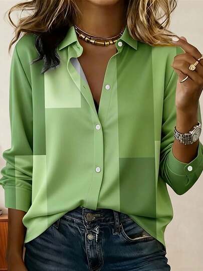 大码女式复古休闲几何撞色印花纽扣长袖衬衫