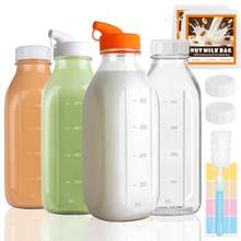 Paquete de 4 botellas de leche de vidrio de 32 onzas con bolsa de leche de nuez y 2 boquillas de vertido y 2 tapas herméticas y cepillo para polvo frascos de bebida de 1 cuarto de galón - Transparente - Ver 8