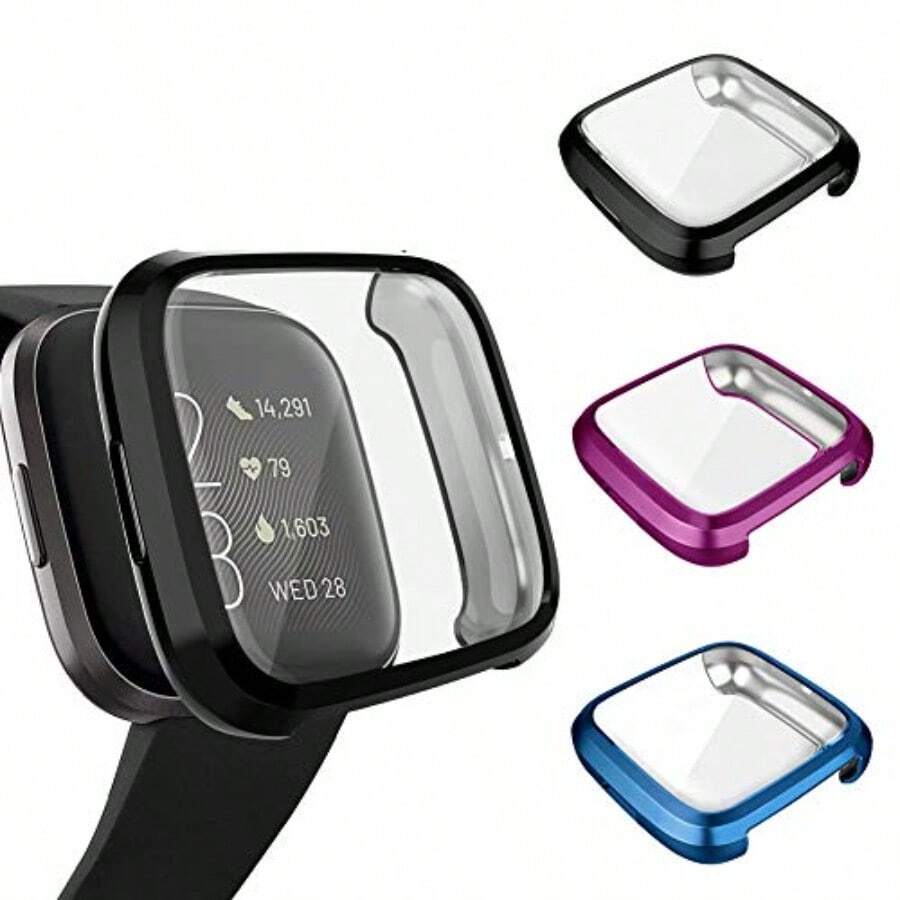 Juego de 3 protectores de visualización compatibles con Fitbit Versa 2 funda protectora ultrafina de TPU suave para reloj inteligente Fitbit Versa 2 color negro azul morado - Versa 2 Negro Azul Prpura - Ver 1