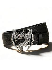 1pc Punk Style Dragon Embossed Belt, Unique Buckle Accessory - Black - View 1
