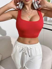Women's Solid Red Knit Ribbed Cropped Top - Red - View 4