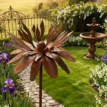 1pc Metal Chrysanthemum Garden Decor Ground Stake, Garden, Yard, Lawn Art Decoration, Rusty Art Decoration, Iron Flower Ground Stake, Chrysanthemum Silhouette, Outdoor Statue, Outdoor Holiday Decoration, Holiday Gift - Rusty Flower Design B - View 3