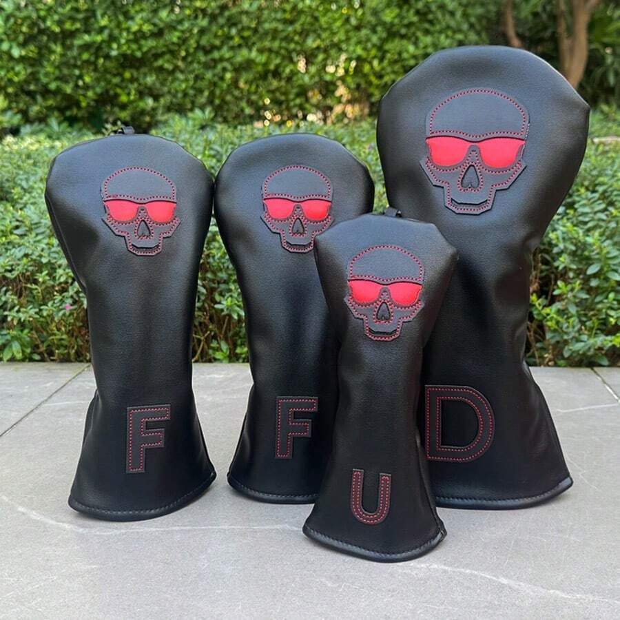 1/3个装红色骷髅图案高尔夫球杆头套 - 柔软耐用的PU弹性自封保护套，适用于一号木杆、木杆和混合杆 - 黑色 - 查看 1