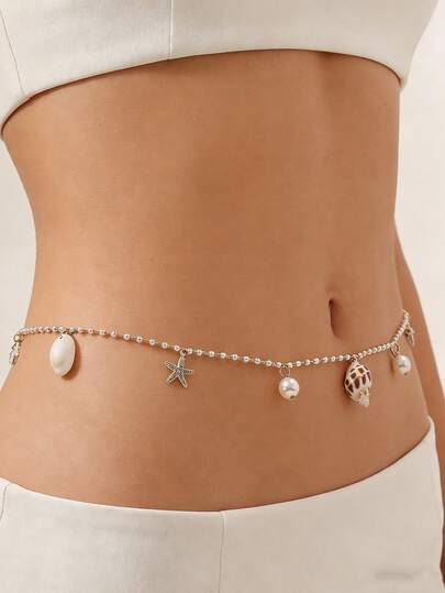 1pc Summer Sexy Fashion Conch Shell & Starfish Pendant Faux Pearl Chain Single Layer Waist Chain, Suitable For Women Daily Wear, Beach Holiday Waist Decor