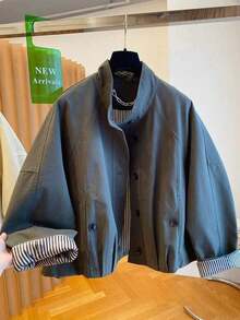 2025 New Arrival Loose Casual Striped Lining Stand Collar Short Windbreaker Jacket For Women, European And British Style Spring - 灰綠色 - 查看 1