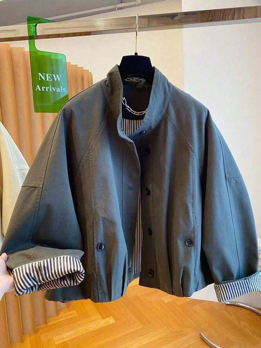2025 New Arrival Loose Casual Striped Lining Stand Collar Short Windbreaker Jacket For Women, European And British Style Spring - 灰綠色 - 查看 1