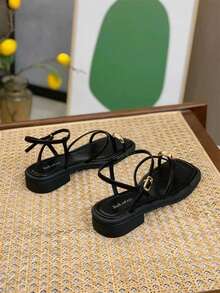Giày sandal quai mảnh gót chunky kiểu cổ tích mùa hè 2026 mới, giày La Mã có nhẫn ngón chân dành cho nữ - màu đen - Xem 2