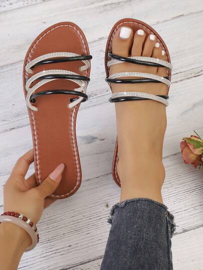 Women's Criss-Cross Rhinestone Decor Contrast Color Slip-On Flat Sandals, Beach Resort Avant-Garde Bohemian Casual Sexy PU Leather Rhinestone Ladies Flat Sandals, Summer