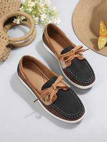 Giày bệt cổ thấp mới dành cho nữ, chất liệu da phối nhiều màu, đế cao su trắng, kiểu dáng retro, giày thuyền, giày lười, phong cách thường ngày thoải mái, phù hợp cho đi làm và du lịch. - màu nâu - Xem 6