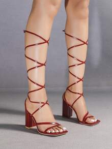 Giày sandal cao gót màu đỏ dành cho nữ, quai dài đến bắp chân, mũi vuông, gót dày, thoải mái, thời trang, đa năng, thiết kế hở mũi giúp chân trông dài hơn, giày màu hồng thanh lịch. - Đỏ - Xem 5