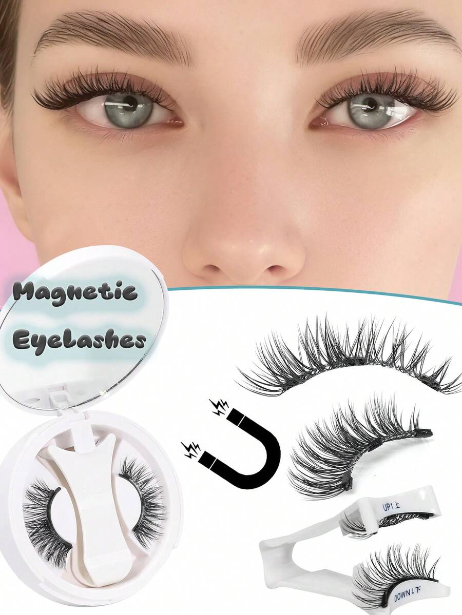 1Pair Natural Cat Eye Magnetic Eyelashes With Applicator Reusable Magnetic Lashes Kit Eyetail Elongated Waterproof No Glue Needed False Eyelashes - màu đen - Xem 1