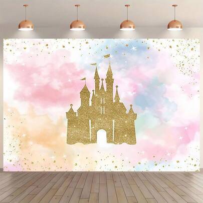 1 Piece Pink Princess Castle Birthday Backdrop, Watercolor Rainbow Photography Background, Baby Photography Props. Suitable For Birthday Party Backdrops, Baptisms, Baby Showers. Golden Castle, Gold Glitter Royal Party Cake Table Decoration, Photo Booth Props.