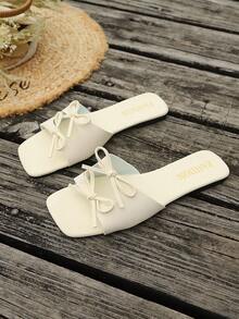 Nuevas sandalias planas de verano para mujer con estilo suave, puntera cuadrada, doble lazo, sandalias abiertas con tira, cómodas para uso diario, ir al trabajo, citas, vacaciones - Beis - Ver 5