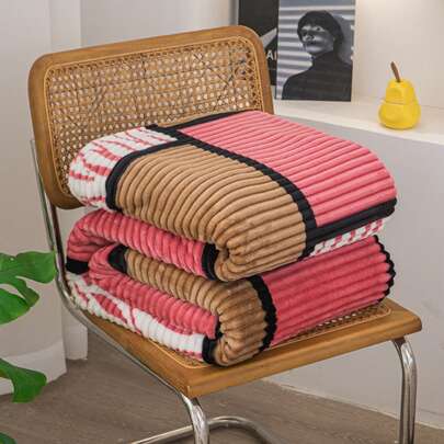 1pc Super Soft & Cozy Color Block Checkerboard Knit Throw Blanket - Vibrant Camel Pink & Red Blue Striped Checkered Design, Suitable For Sofa, Bed Or Couch - Lightweight Flannel, 260gsm, Machine Washable, Boho Style, All Season, Holiday Gift, Mother's Day