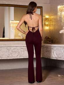 Night Out Jumpsuit Deep V Halter Neck Backless Sexy Clubwear Bodycon Romper for Women - Burdeos - Ver 5