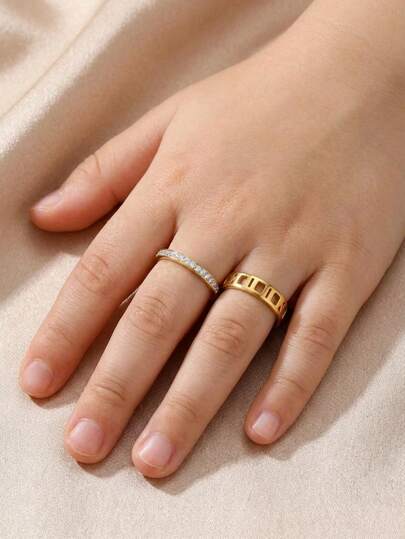 2pcs/Set Small Exquisite Stainless Steel Roman Numeral Ring Set With Zirconia Inlay Stacked Ring Set For Free Matching Fashionable Jewelry Accessories Street Jewelry