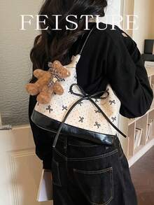 1pc Bow Print Women's Shoulder Bag, Fashionable Underarm Bucket Bag, Suitable For Daily Outing, Dating, Commuting - White - View 8