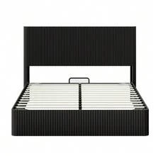 Modern Bed With Grooved Design And Hydraulic Lifting System – Large Storage Space, Stable Solid Wood Slatted Base, Easy-Care Surface – 160 X 200 Cm – Black - Black - View 4