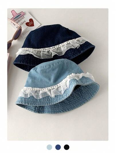 Mũ xô denim nơ cho nữ, thêu họa tiết retro Hàn Quốc ngọt ngào, đa năng chống nắng, mũ xô denim ren, đính ngọc trai, thích hợp cho mùa xuân/thu.