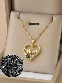 时尚水钻心形不锈钢项链，可刻100种语言的“我爱你”，黄金首饰，金项链，母亲节礼物，送给父母、爱人、生日的礼物 - 金黃色 - 查看 5