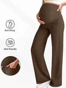 1 pièce Pantalon de maternité avec poches, avec un design de taille élastique qui ne comprime pas l'abdomen, deux poches latérales pour la commodité. Style jambe droite avec un design de support abdominal haut élastique en forme de U/complet. Fabriqué dans un tissu très élastique. Idéal pour la maternité, le yoga, l'entraînement, le jogging, la fitness et les sports - Café - Voir 1