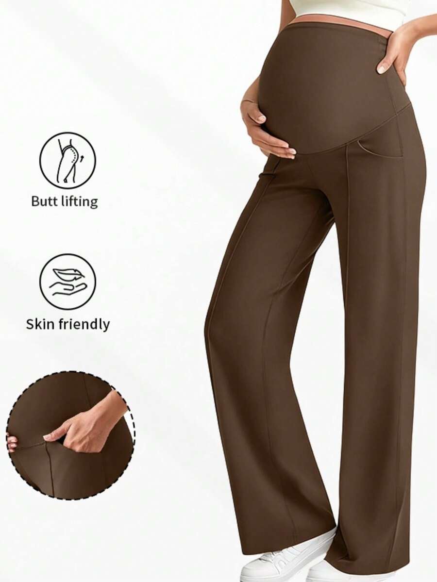 1 pièce Pantalon de maternité avec poches, avec un design de taille élastique qui ne comprime pas l'abdomen, deux poches latérales pour la commodité. Style jambe droite avec un design de support abdominal haut élastique en forme de U/complet. Fabriqué dans un tissu très élastique. Idéal pour la maternité, le yoga, l'entraînement, le jogging, la fitness et les sports - Café - Voir 1
