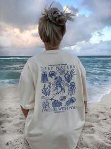 Cute Marine Life Print Women's Loose T-Shirt, Round Neck Short Sleeve Summer Top, Vintage Street Style Washed Cotton Graphic Tee For Vacation Daily - 白色 - 查看 6