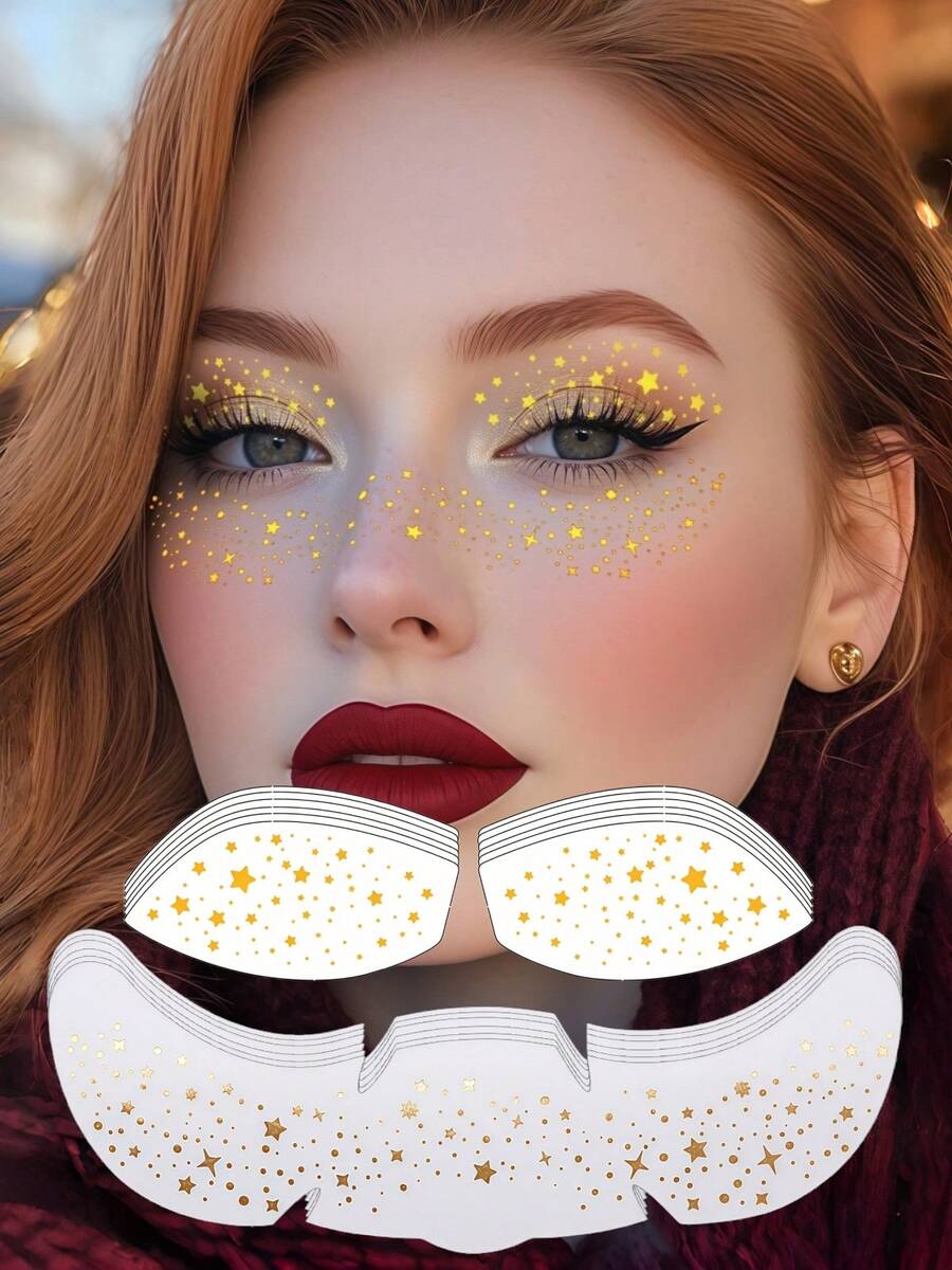 12 Folhas de Adesivos Temporários de Sardas com Glitter para o Rosto, Sombras Douradas, Tatuagens de Sardas Brilhantes em Formato de Estrela para Maquiagem Feminina, Acessórios para Festas, Festivais Coachella, Verão, Formatura e Praia. - Ouro - Ver 1
