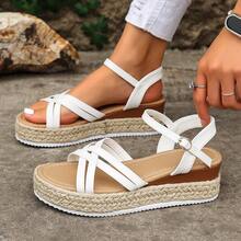 White Criss-Cross Woven Platform Sandals For Women, Summer One-Strap Thick Bottom Roman Shoes - 白色 - 查看 13