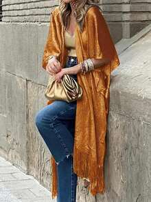 春夏秋季网纱沙滩薄纱和服罩衫，透视度假防晒流苏针织披肩罩衫，休闲街头风轻薄罩衫，优雅派对礼服罩衫，流苏度假泳衣罩衫 - 橘色 - 查看 4