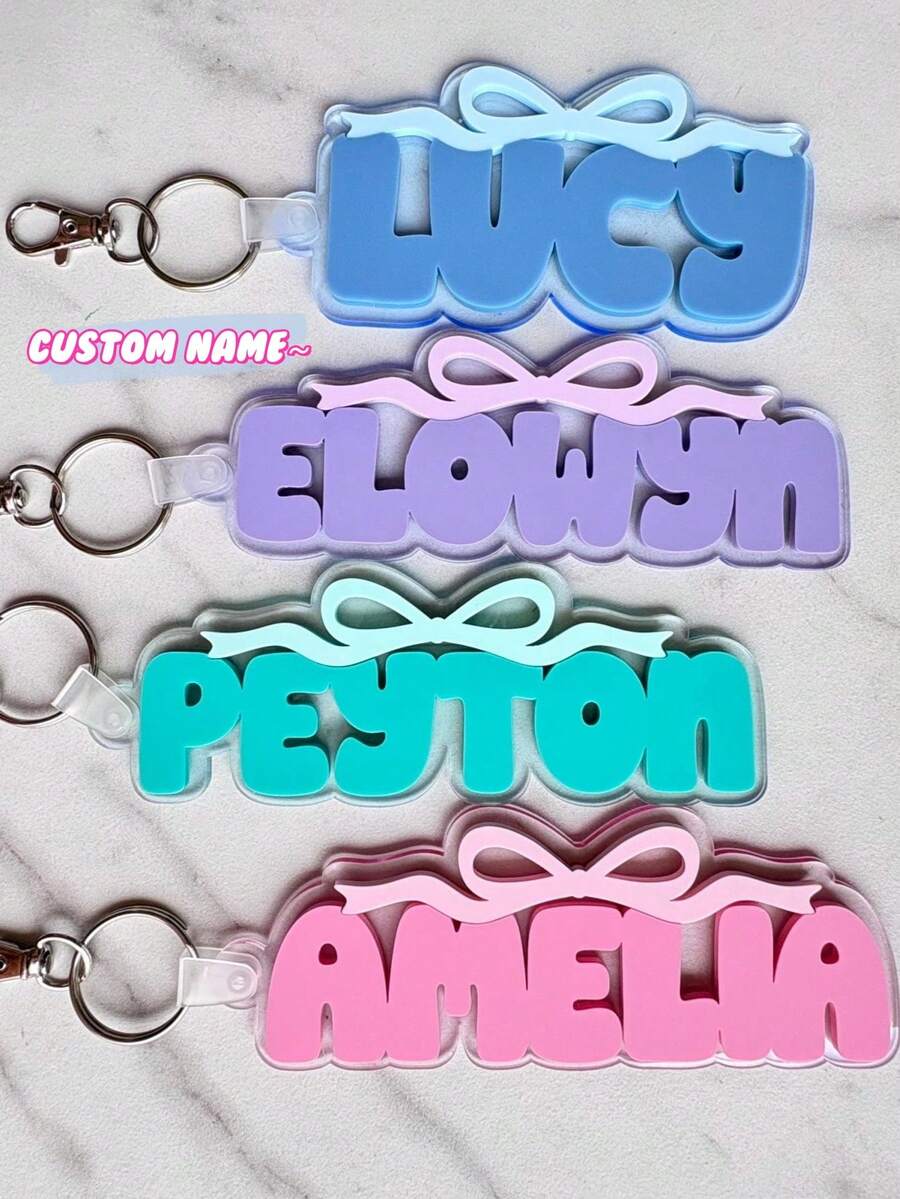 Bow Backpack Tag, Bag Name Pendant, School Name Tag, Lunch Bag Tag, Girls Backpack Name Plate, Kindergarten Keychain, Diaper Bag Tag, Multi-Functional, Decorative, Lettering, Fashion, Modern, Colorful, Cute, Charming, Casual, Customized, Personalized, Unique, Tailor-Made, Ideal Gift For Him, Ideal Gift For Her, Son, Daughter - 7-9cm - View 1