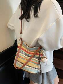 Vintage Fashionable Large Capacity Woven Tote Bag, Beach Holiday Straw Crossbody Bag Vacation Essentials - Multicolor - View 4