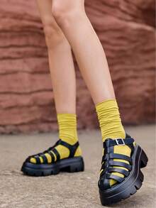 Coutgo Womens Platform Chunky Heels Sandals Gladiator Ankle Strap Heels Lug Sole Summer Fisherman Y2K Shoes - 黑色 - 查看 4