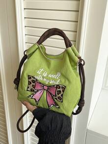 1pc Women's Handbag, Detachable Shoulder Strap, Multi-Color Nylon + Leopard Bow Embroidery + Drawstring Design, Nylon Material, Mini Tote Shoulder Crossbody, Drawstring Closure, Sweet & Cool Girl Style Bucket Bag, Suitable For Daily, Commute, Casual, Date - Multicolor - View 10