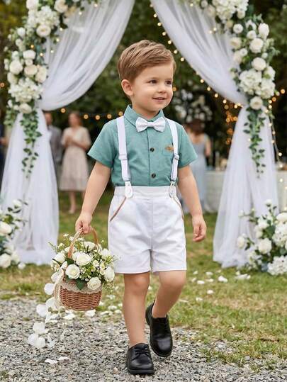 BOARNSEORL 两件套男童绅士套装 - 短袖衬衫配领结和白色背带短裤，时尚帅气，适合派对、晚宴、活动、洗礼等场合。