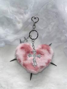 朋克风豹纹铆钉十字架钥匙扣，朋克摇滚风心形包包挂饰，哥特风红色钥匙扣饰品，节日毕业教师节礼物，生日礼物，母亲节礼物 - 彩色 - 查看 4