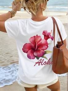 女士日常穿着，100%纯棉短袖T恤，粉色花卉和字母印花，适合户外穿着、夏季穿着，女士印花图案。休闲风格。 - 白色 - 查看 3