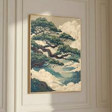 1幅带框/不带框抽象日式松树山景帆布海报，复古自然风景日式禅意墙面艺术印刷品，侘寂复古画作，适用于公寓、客厅、卧室、现代家居装饰 - A - 查看 1