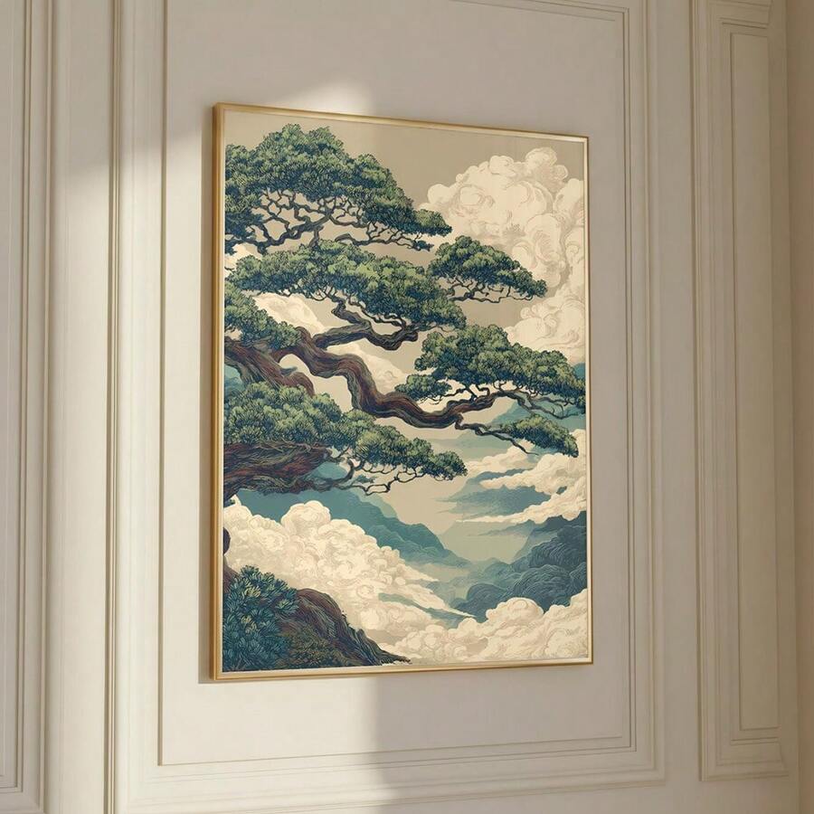 1幅带框/不带框抽象日式松树山景帆布海报，复古自然风景日式禅意墙面艺术印刷品，侘寂复古画作，适用于公寓、客厅、卧室、现代家居装饰 - A - 查看 1