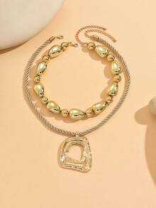 2pcs/Set Vintage Exaggerated Gold-Tone CCB Beaded Necklace, Fashionable Thick Rope Geometric Pendant Necklace Design, Suitable For Daily Wear And Party/Music Festival - Multicolor - View 2