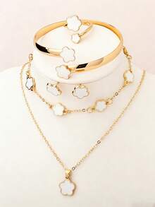 6件套四叶草首饰套装，时尚百搭，优雅女童饰品 - 白色 - 查看 1