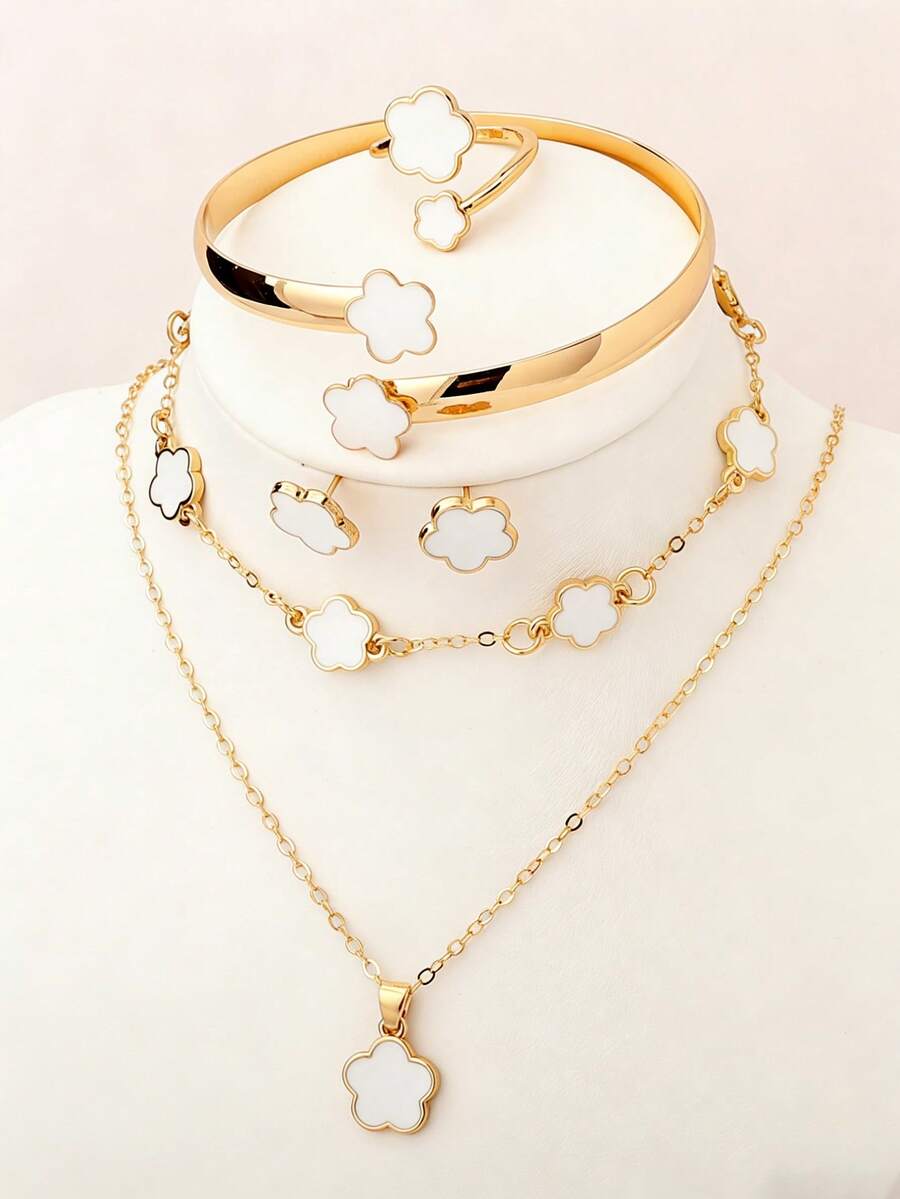 6件套四叶草首饰套装，时尚百搭，优雅女童饰品 - 白色 - 查看 1